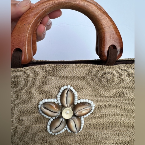 Vintage - Beaded Shell Woven Jute Purse / Handbag Wood Natural Fiber Puka Bamboo - Picture 5 of 13
